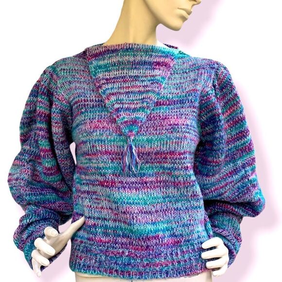 80’s Gitano balloon sleeve purple and teal marled knit sweater - Picture 1 of 6